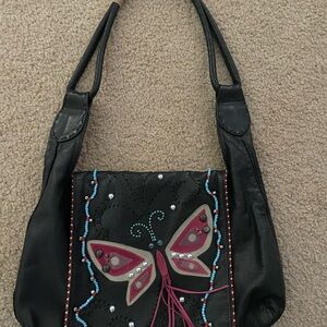 Black Butterfly Embellished Hobo Bag